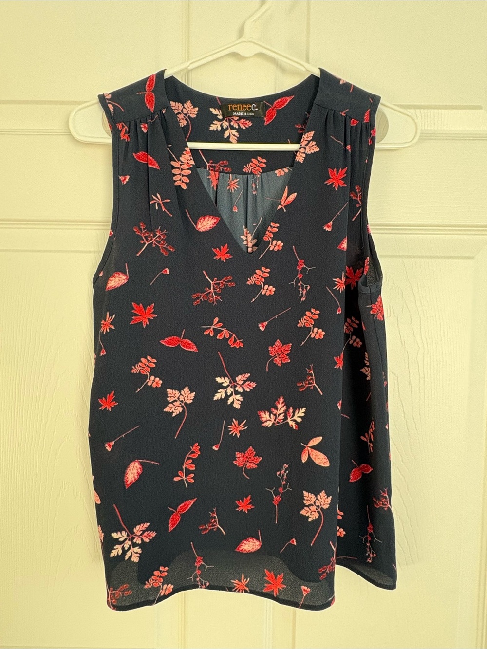 Renee C. Navy Sleeveless V-Neck Top with Red and Pink Floral Print